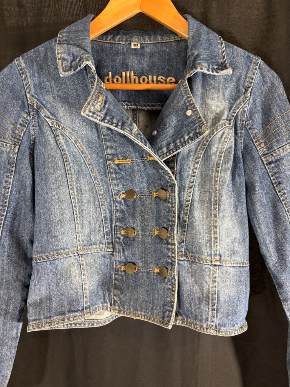 VTG Y2K Dollhouse Cropped Double Breasted Denim Jacket Military Style Women M
